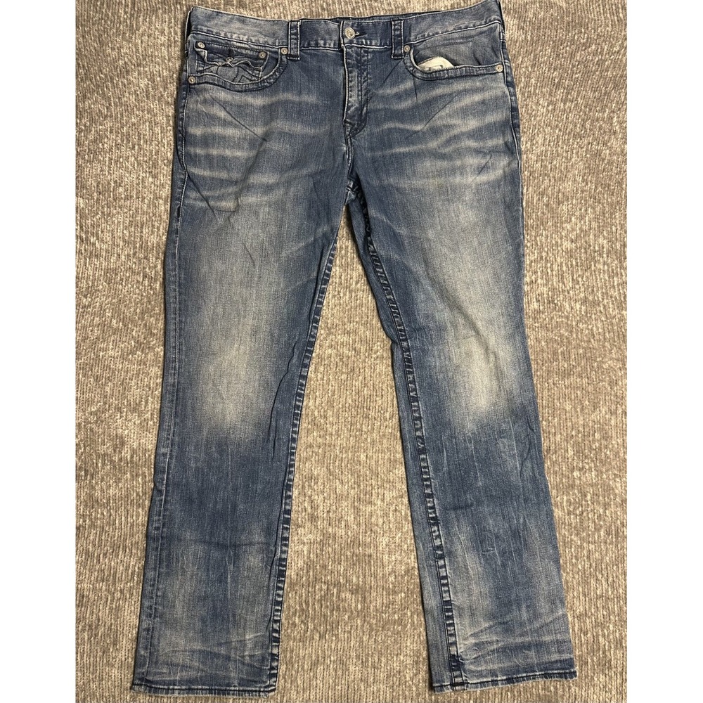 True Religion Ricky Relaxed Straight Jeans Mens Size 42 Blue Denim Flap